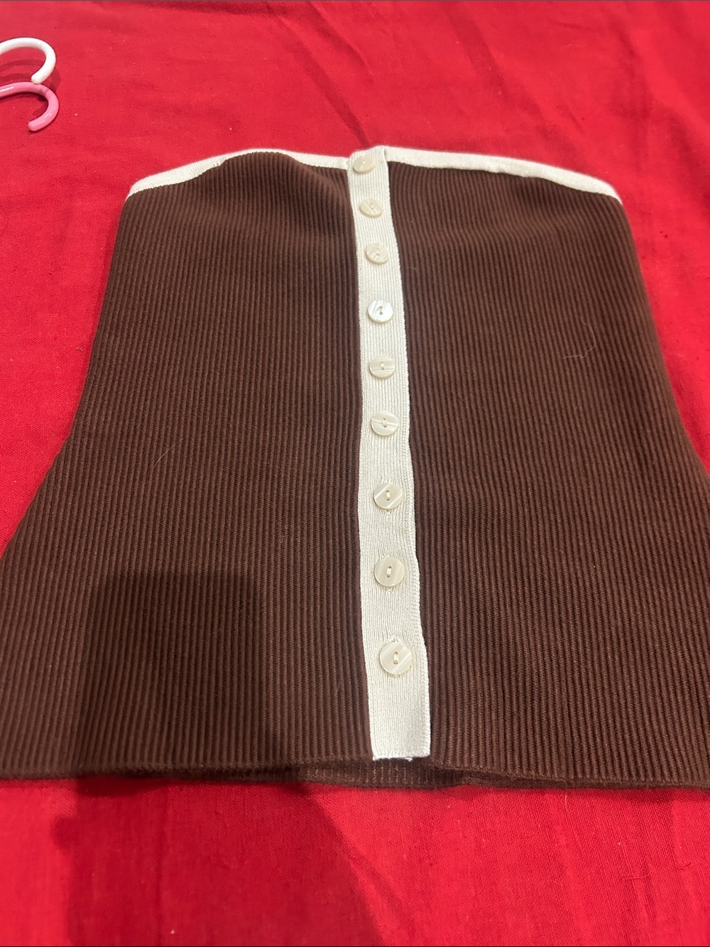 Abercrombie & Fitch Brown Ribbed Strapless Button-Front Top with Cream Trim